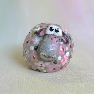 Sheep Figurine • Whimsical Clay Miniature • Animal Shelf Décor Gift, Pink and Gray Collectible Small Figure
