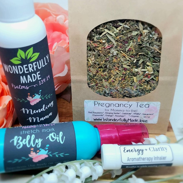 Pregnancy Necessities Gift Bundle | Mom to Be Present | Baby Shower Gift | Stretch Mark Oil | Pregnancy Nausea Tea | Perineum Healing Spray