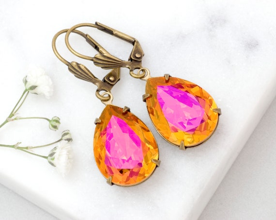 Items similar to Pink Earrings, Orange Crystal Earrings, Swarovski ...