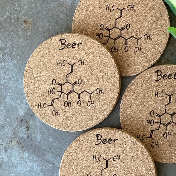 Beer Molecule Engraved on  Cork Coasters-set of 4 OR 6