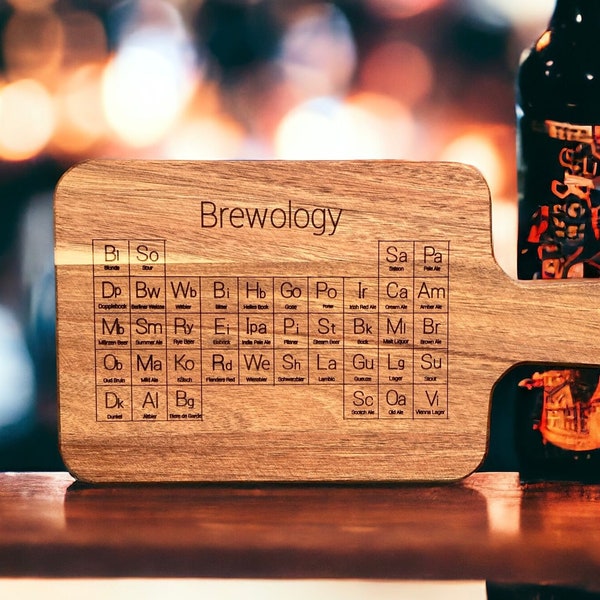 Beer “Brewology” Small Engraved Wood Cutting, Serving Board for Appetizers, Tapas, Bar Prep, Chopping