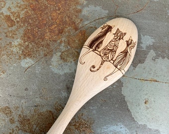 3 Zentangle Cats Engraved on Wooden Spoon