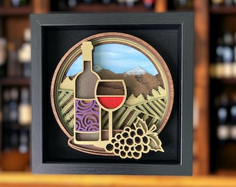 Winery Tasting Mountain Scene Layered Mandala Framed Wood Art Piece for Shelf, Wall Desk