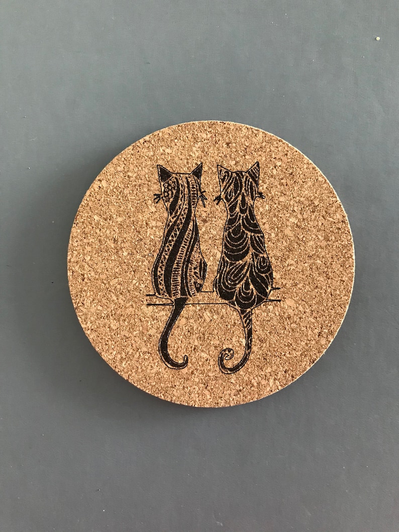Two Cats Engraved on Cork Coasters-set of 4 OR 6