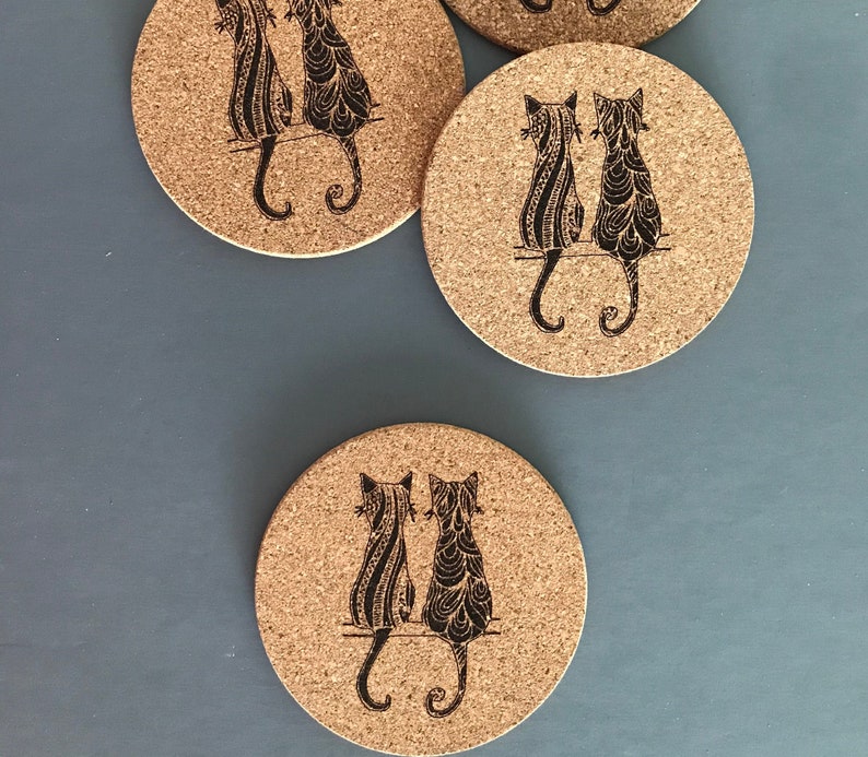 Two Cats Engraved on Cork Coasters-set of 4 OR 6