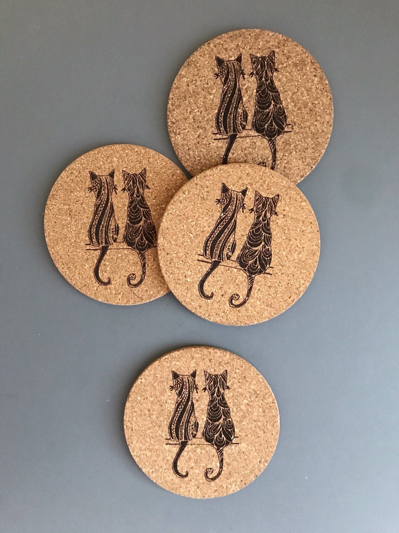 Two Cats Engraved on Cork Coasters-set of 4 OR 6