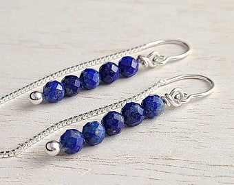 Lapis Lazuli Earrings Sterling Silver Threader Earrings Dainty Navy Blue Stone Gemstone Earrings Dangle Long Drop Thread Earrings | E326