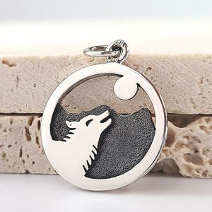 Howling Wolf Charm Werewolf Full Moon Sterling Silver Wolf Pendant Spooky Jewelry Nature Charm Oxidized Mountain Jewelry | N170