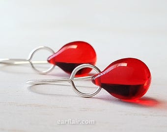 Ruby Red Earrings Teardrop Dangle Czech Glass Earrings with Argentium Silver or 14k Gold Filled Ear Wires