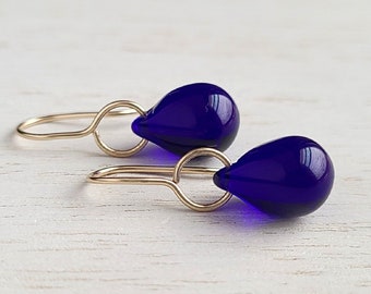 Dark Blue Earrings Dangle Czech Glass Bead Royal Blue Drop Earrings Lightweight Small Teardrop Earrings - Handmade Gold or Silver Ear Wire