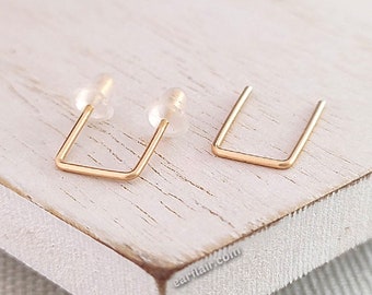 Double Piercing Staple Earrings Minimalist Post Stud Wire Earrings 2 Hole Lobe Piercings Small Gold Filled Earrings Gold Bar Earrings | E333