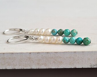 Pearl Drop Earrings Turquoise Bead Earrings Dangle Lever Back Earrings Bohemian Handmade Natural Gemstone Pearl Dangle Earrings | E314