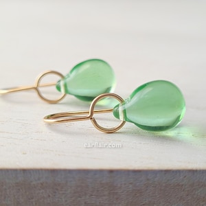 Peridot Green Teardrop Earrings Dangle Czech Glass Bead Earrings Transparent Light Green Tear Drop Earrings with 14k Gold Filled Ear Wires