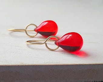 Red Glass Earrings Teardrop Bead Dangle Earrings Transparent Czech Glass Tear Drops Small Simple Statement Earrings