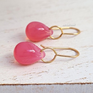 Pink Opal Tear Drop Earrings Semi Translucent Czech Glass Teardrops with 14k Gold Filled or Argentium Silver Ear Wires
