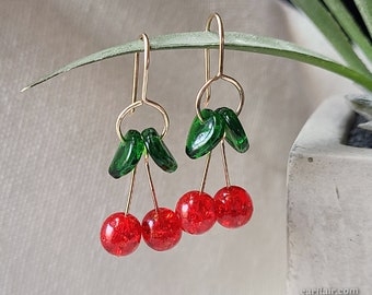 Red Cherry Earrings Food Fruit Earrings Cute Fun Summer Earrings with Glass Beads Handmade 14k Gold Filled Dangle Earrings