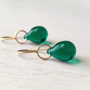 Emerald Green Teardrop Earrings Czech Glass Tear Drops 14k Gold Filled Ear Wires Elegant Dark Green Glass Bead Dangle Earrings