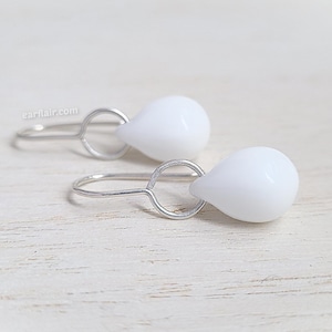 White Earrings Teardrop Dangle Czech Glass Earrings Lightweight Simple Statement Earrings with Argentium Silver Hook Ear Wires