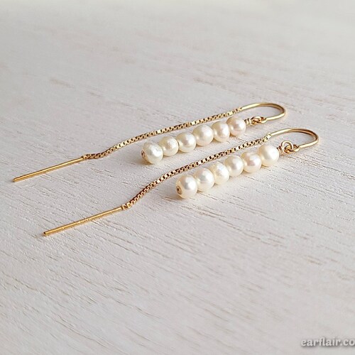•DEEP DROP THREADER• pearl + gold earrings