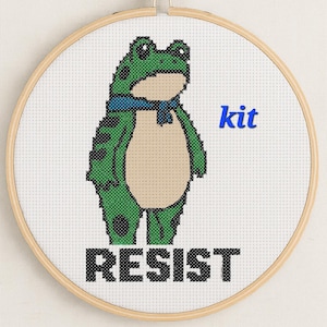 May include: Cross-stitch embroidery in a wooden hoop features a green frog wearing a blue scarf. The word "RESIST" is stitched in black block letters below the frog, with the word "kit" in blue above.