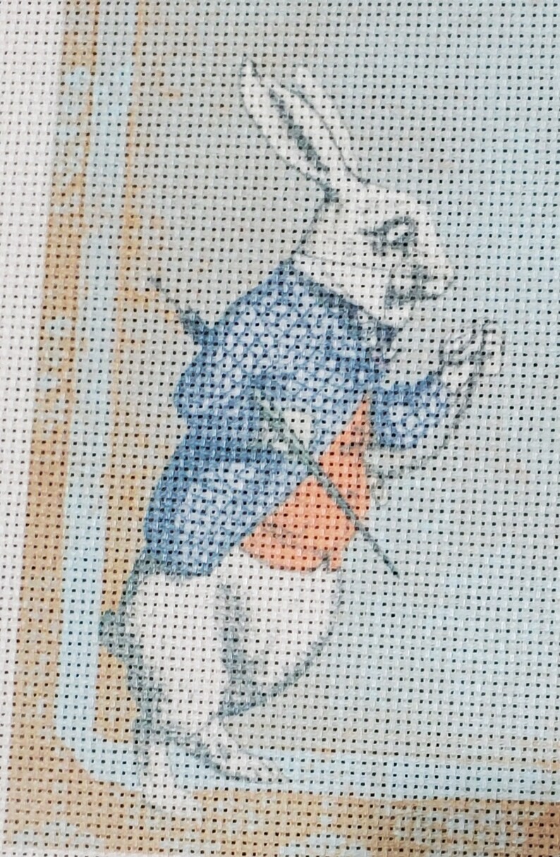 Peut inclure: Lapin blanc portant une veste bleue et un gilet orange, tenant une montre de poche et une canne. Le lapin est repr&eacute;sent&eacute; dans un style point de croix.