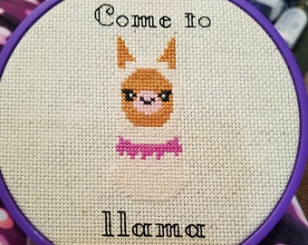 llama, fun cross stitch pattern, modern cross stitch pattern, come to llama, beginner pattern