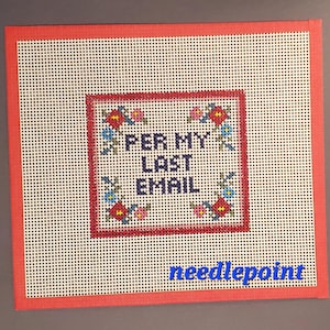 Needlepoint Kit, Beginner Needlepoint Canvas, Per my last email, Cozy Handmade Project Red