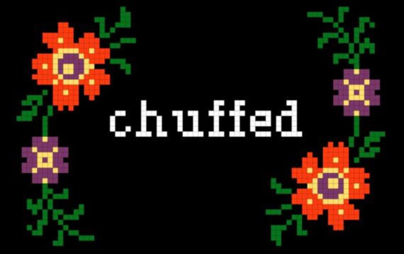 May include: A black background with the word "chuffed" in white text. The word is surrounded by pixelated flowers in shades of orange, green, and purple.