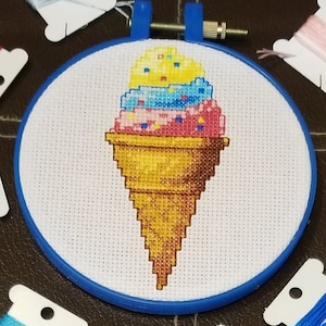 beginner Cross stitch pattern, ice cream cone, instant pdf download, summer decor