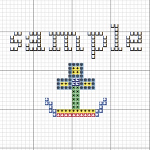 May include: A cross-stitch pattern featuring the word "Sample" in black and yellow thread, with a blue and green anchor below.