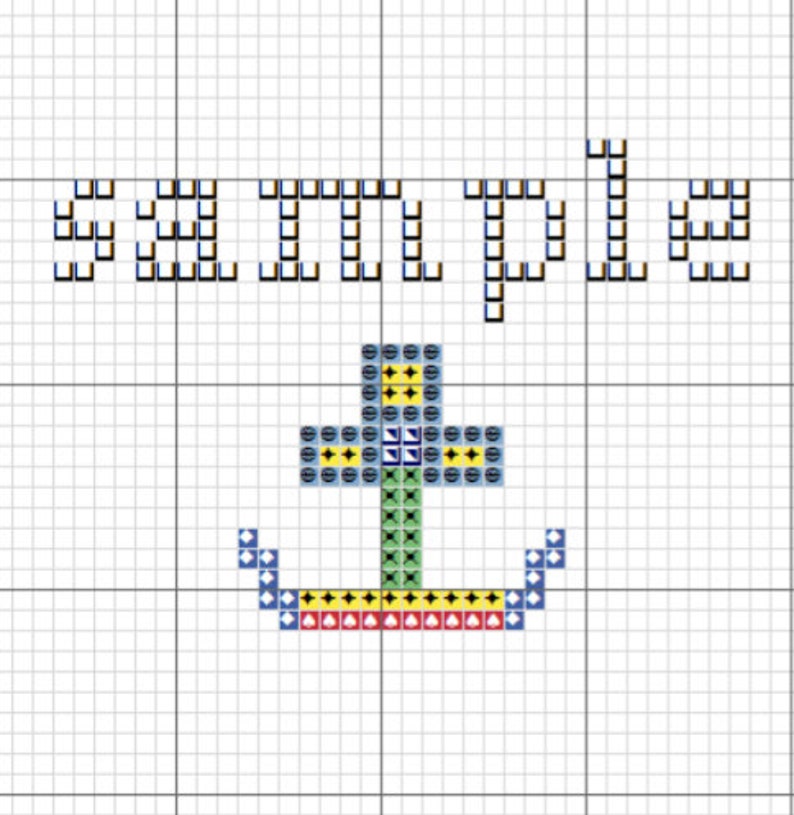 May include: A cross-stitch pattern featuring the word "Sample" in black and yellow thread, with a blue and green anchor below.