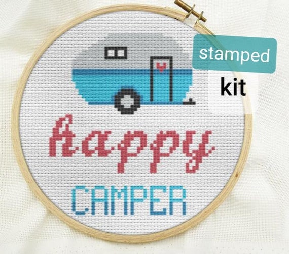STAMPED Cross stitch kit beginner, happy camper