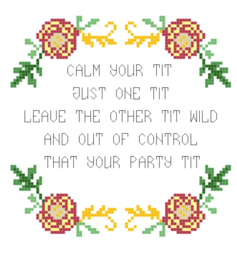 May include: Cross-stitch embroidery with a floral border and the text "CALM YOUR TIT JUST ONE TIT LEAVE THE OTHER TIT WILD AND OUT OF CONTROL THAT YOUR PARTY TIT".