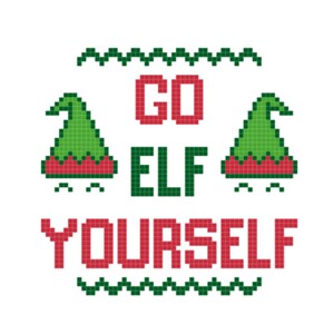 Puede incluir: Sombreros de elfo pixelados verdes con ribetes rojos y pies blancos que flanquean el texto "GO ELF YOURSELF" en letras pixeladas rojas con un borde pixelado verde arriba y abajo del texto.