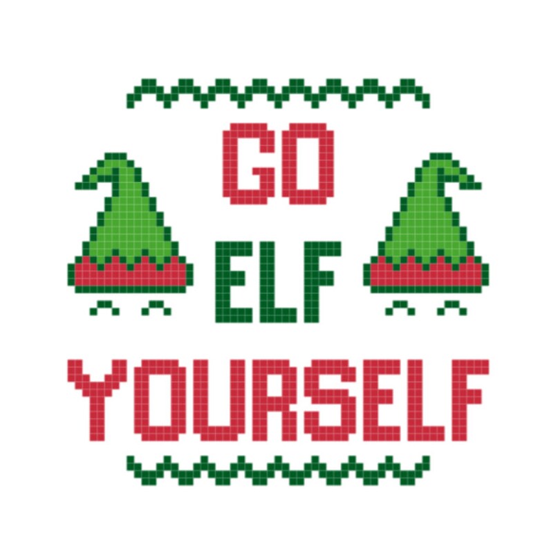 Puede incluir: Sombreros de elfo pixelados verdes con ribetes rojos y pies blancos que flanquean el texto "GO ELF YOURSELF" en letras pixeladas rojas con un borde pixelado verde arriba y abajo del texto.