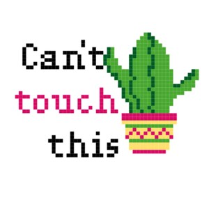 K&ouml;nnte beinhalten: Ein gr&uuml;ner Kaktus in einem gelben und roten Topf mit dem Text "Can't touch this" in schwarzen und rosa Buchstaben.