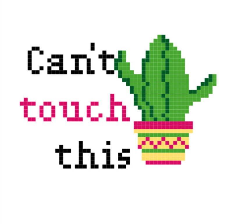 K&ouml;nnte beinhalten: Ein gr&uuml;ner Kaktus in einem gelben und roten Topf mit dem Text "Can't touch this" in schwarzen und rosa Buchstaben.