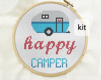 cross stitch kit beginner, diy craft Happy camper counted cross stitch kits