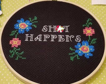 Cross stitch kit funny, Sh#t Happens, subversive counted cross stitch kits