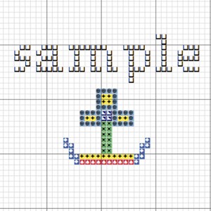 Puede incluir: Dise&ntilde;o de punto de cruz con la palabra "sample" sobre un ancla colorida. El ancla utiliza tonos azules, verdes, amarillos y rojos sobre un fondo de cuadr&iacute;cula, ideal para proyectos de manualidades.