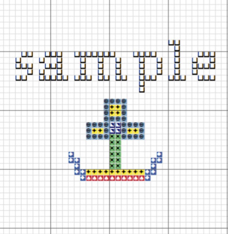 Puede incluir: Dise&ntilde;o de punto de cruz con la palabra "sample" sobre un ancla colorida. El ancla utiliza tonos azules, verdes, amarillos y rojos sobre un fondo de cuadr&iacute;cula, ideal para proyectos de manualidades.