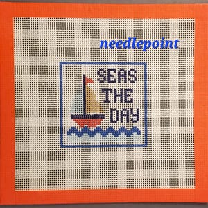 Tela ricamata a punto croce "Seas the Day" – Mini 3x3 a tema costiero – Barca a vela sulla spiaggia - Tela dipinta a mano