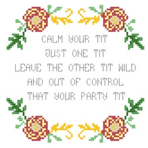 Op de afbeelding: Borduurpatroon met kruissteek met een bloemrand en de tekst "CALM YOUR TIT JUST ONE TIT LEAVE THE OTHER TIT WILD AND OUT OF CONTROL THAT YOUR PARTY TIT".