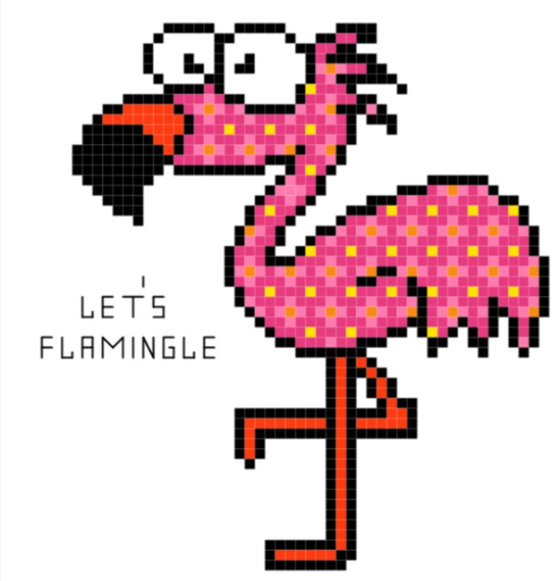 May include: A pink flamingo with yellow polka dots and large eyes. The flamingo is standing on one leg and has its head bent down. The text "Let's Flamingle" is written below the flamingo.