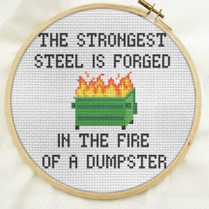 cross stitch pattern beginner, fun easy stitch pattern, dumpster fire