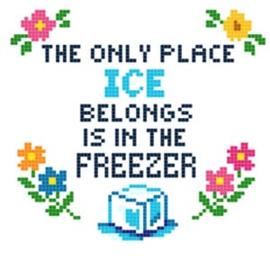 Op de afbeelding: Een witte achtergrond met een kruissteekontwerp. De tekst luidt "THE ONLY PLACE ICE BELONGS IS IN THE FREEZER" in donkerblauwe en lichtblauwe gepixelde letters. Bloemenaccenten in roze, geel en oranje omringen de tekst.