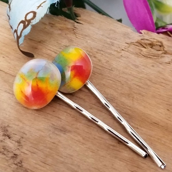 Tie Dye look fused glass adorned Bobby Pins hair accessory, silver and rainbow color