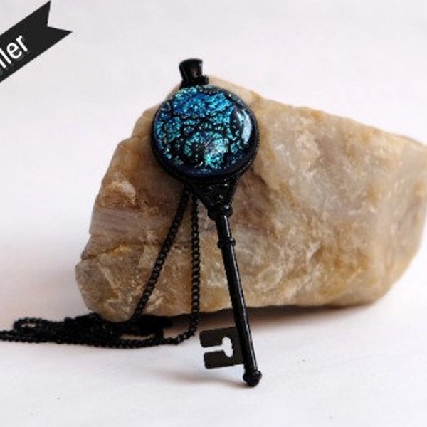 Black Metal Skeleton Key pendant necklace with Fused Glass Blue  Lace cabochon on 24 inch black chain jewelry