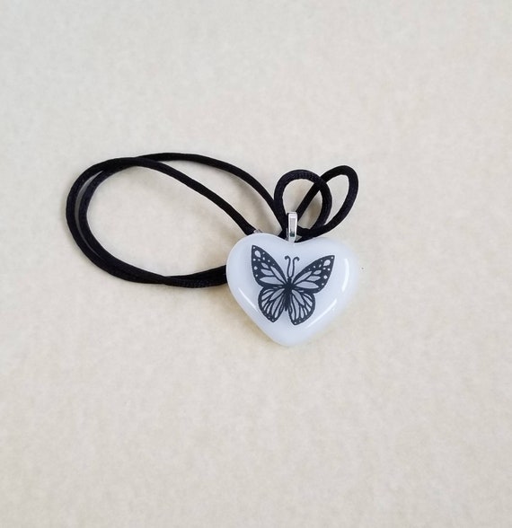 Black And White Butterfly Heart Fused Glass Pendant Etsy