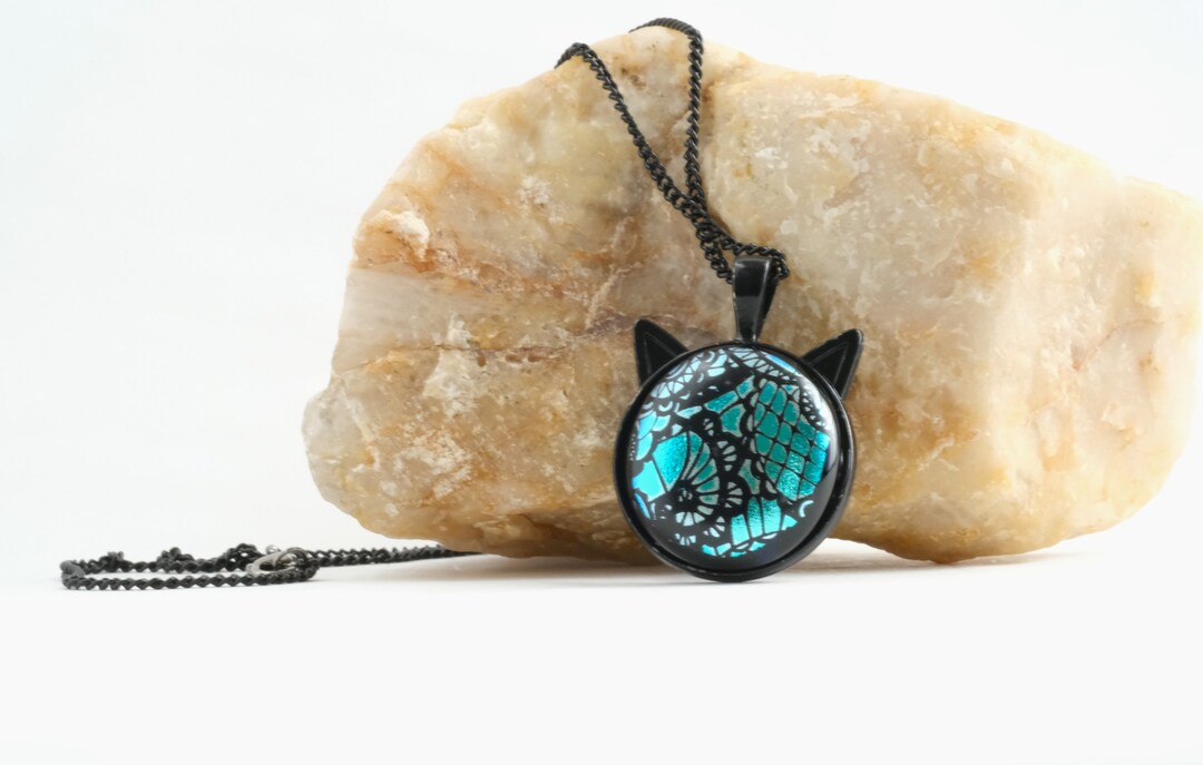 Magical Black Cat Pendant Necklace With Blue and Black Satin Finish